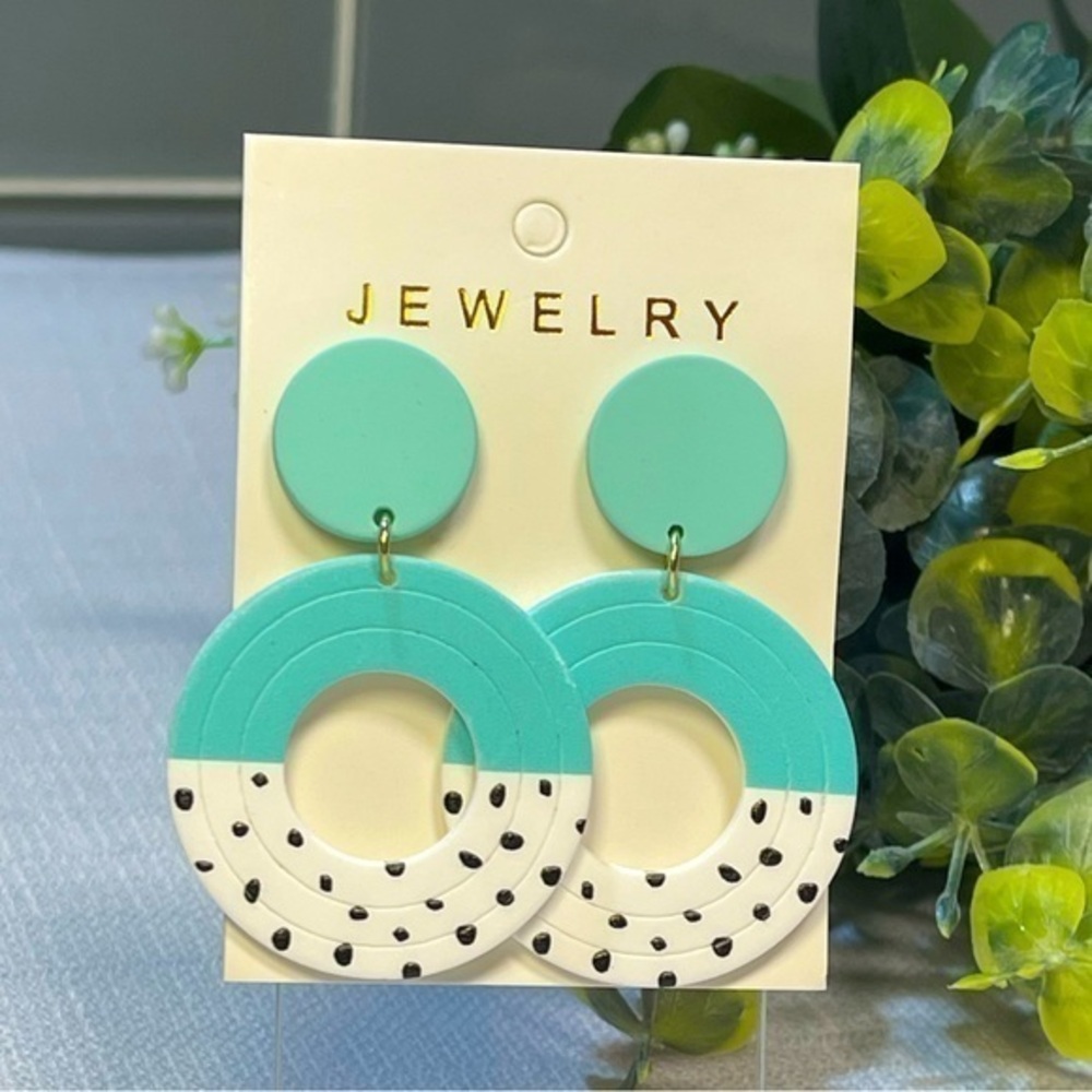 NWT Teal with Black and White Polka Dots Double Circle Dangle Earrings